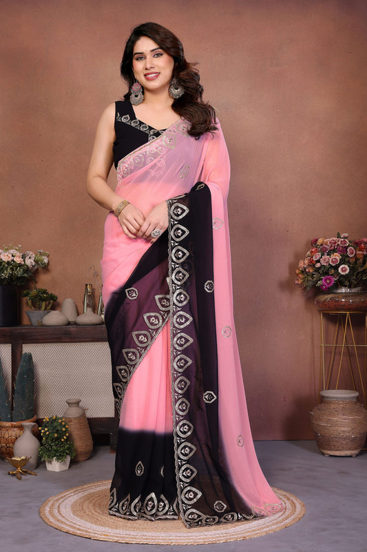 Pink and Black Georgette Saree with Embroidered Border Work