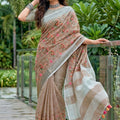 Beige Linen Cotton Saree with Floral Embroidery Woven Border