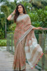 Beige Linen Cotton Saree with Floral Embroidery Woven Border