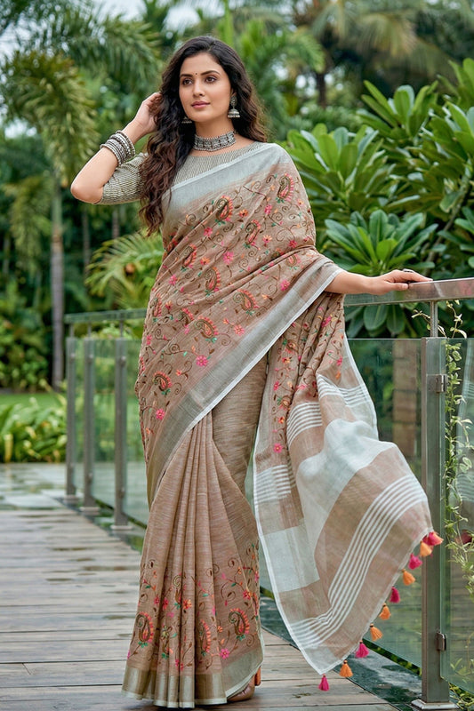 Beige Linen Cotton Saree with Floral Embroidery Woven Border
