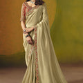 Beige Silk Saree Embroidered Red Border Readymade Blouse