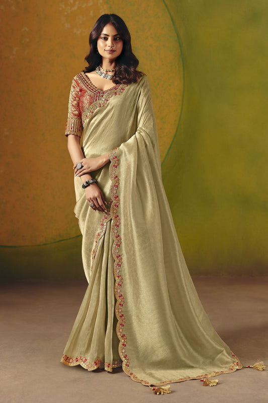 Beige Silk Saree Embroidered Red Border Readymade Blouse