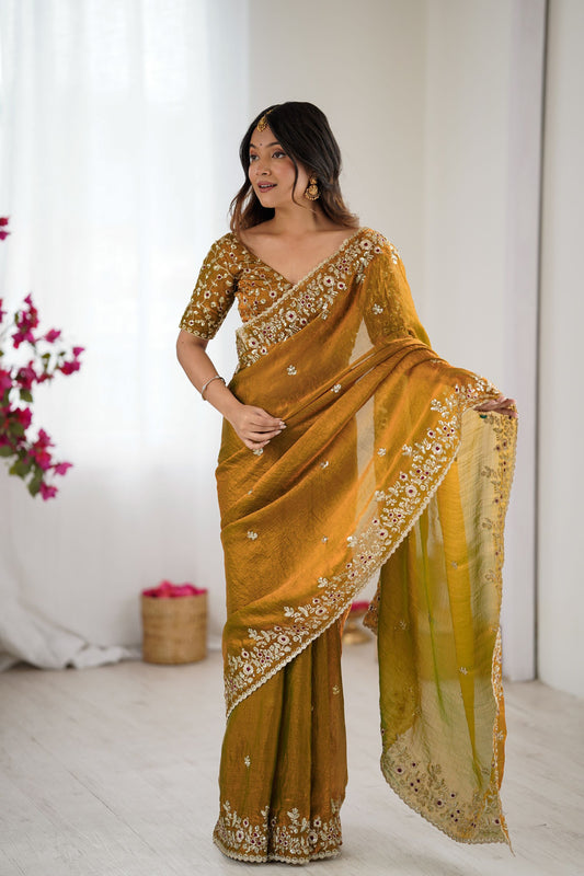 Mustard Yellow Handwoven Organza Silk Saree Designer Blouse