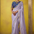 Lavender Georgette Saree Embroidered Lace Border Floral Blouse