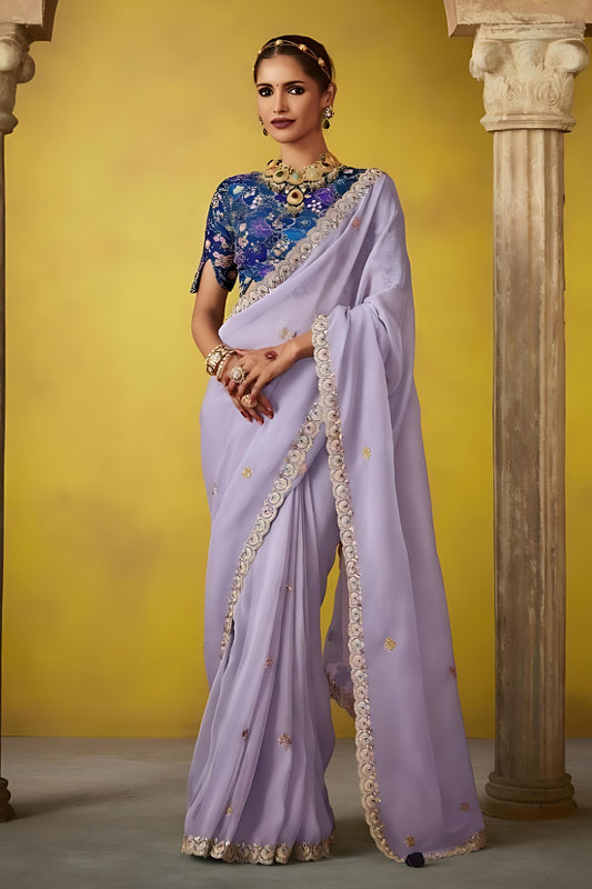 Lavender Georgette Saree Embroidered Lace Border Floral Blouse