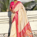  Cream Paithani Silk Saree Rich Pink Zari Border Designer Floral Peacock Pallu 