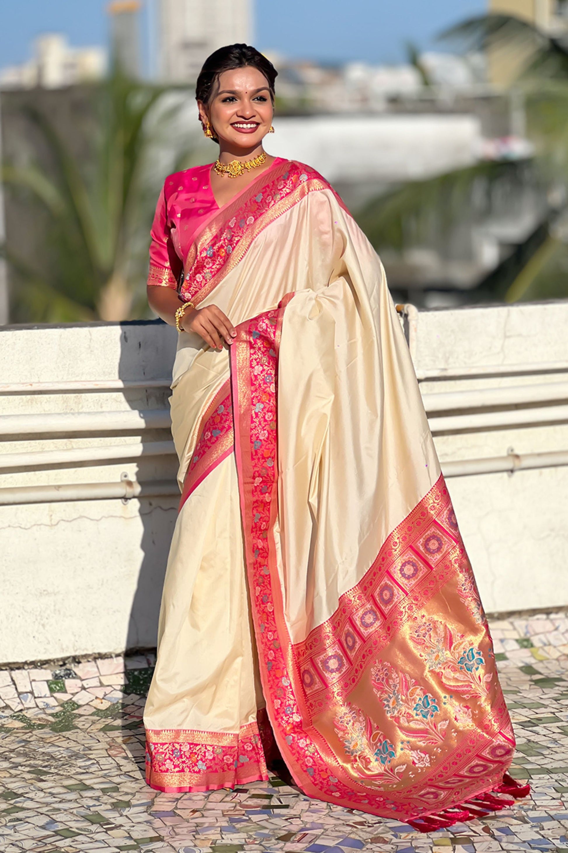  Cream Paithani Silk Saree Rich Pink Zari Border Designer Floral Peacock Pallu 