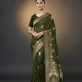 Olive Green Silk Saree with Gold Zari Floral Border Traditional Wear Saree