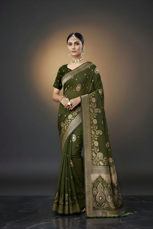 Olive Green Silk Saree with Gold Zari Floral Border Traditional Wear Saree