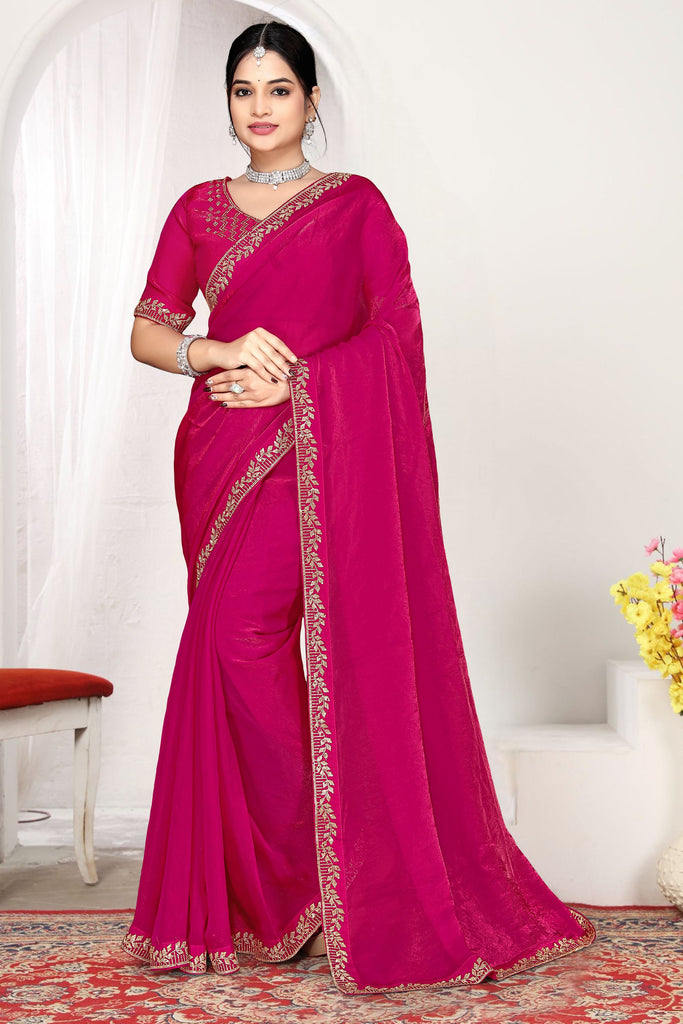  Rani Pink Silk Saree with Golden Zari Border Designer Saree