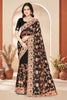  Black Net Embroidered Floral Designer Saree with Scalloped Border Blouse