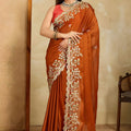Rust Orange Embroidered Georgette Saree Heavy Floral Border Designer Blouse