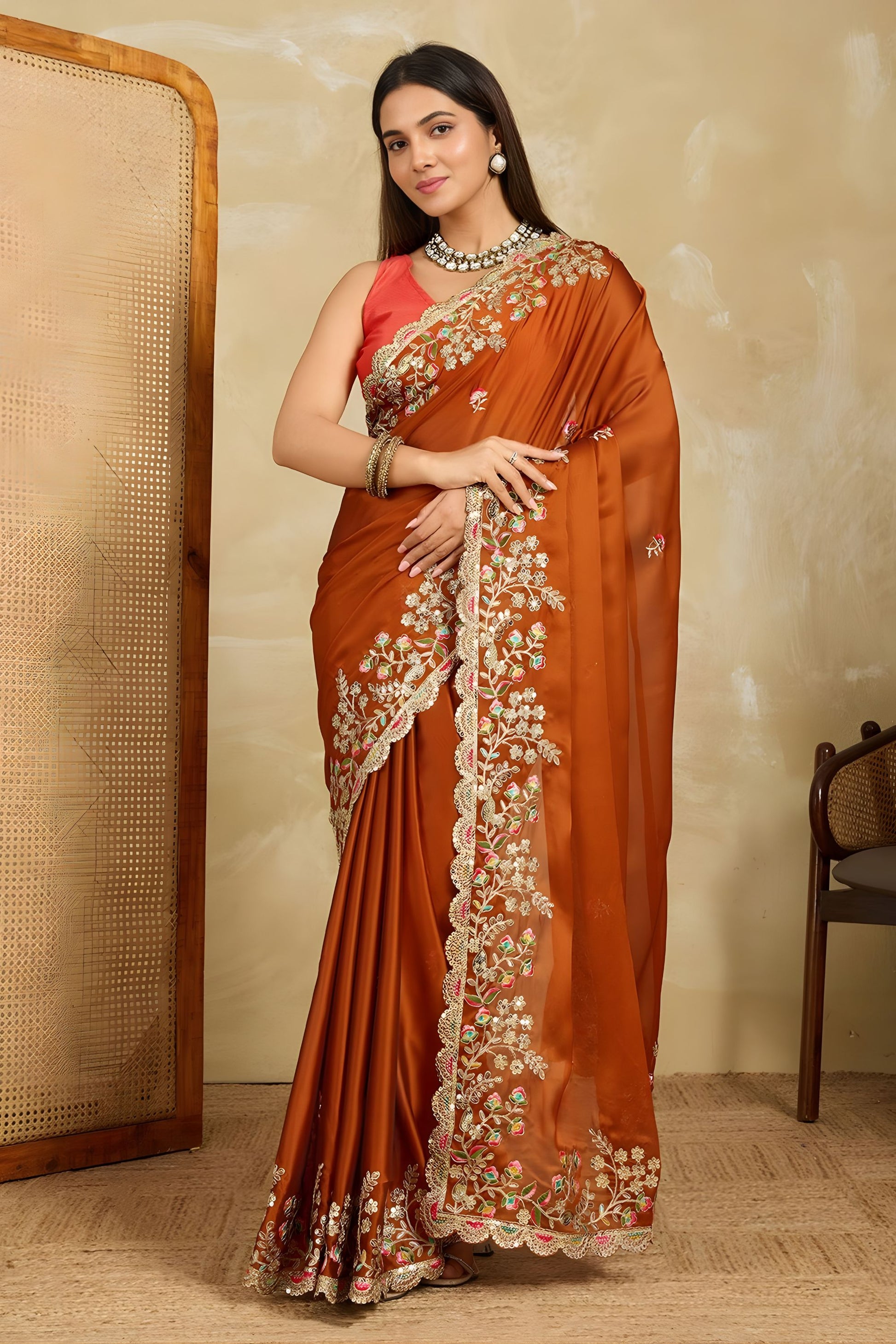 Rust Orange Embroidered Georgette Saree Heavy Floral Border Designer Blouse