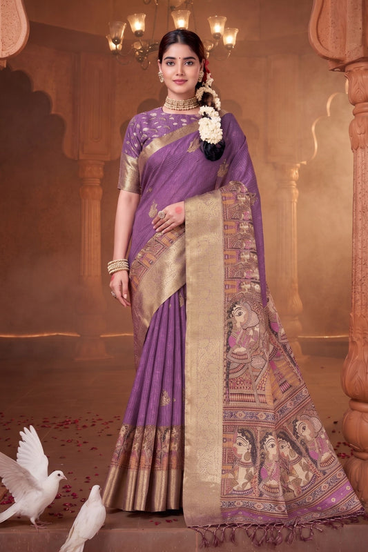 Traditional Purple Banarasi Silk Saree with Madhubani Art Pallu