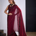 Wine Red Organza Silk Saree with Black Embroidered Blouse 