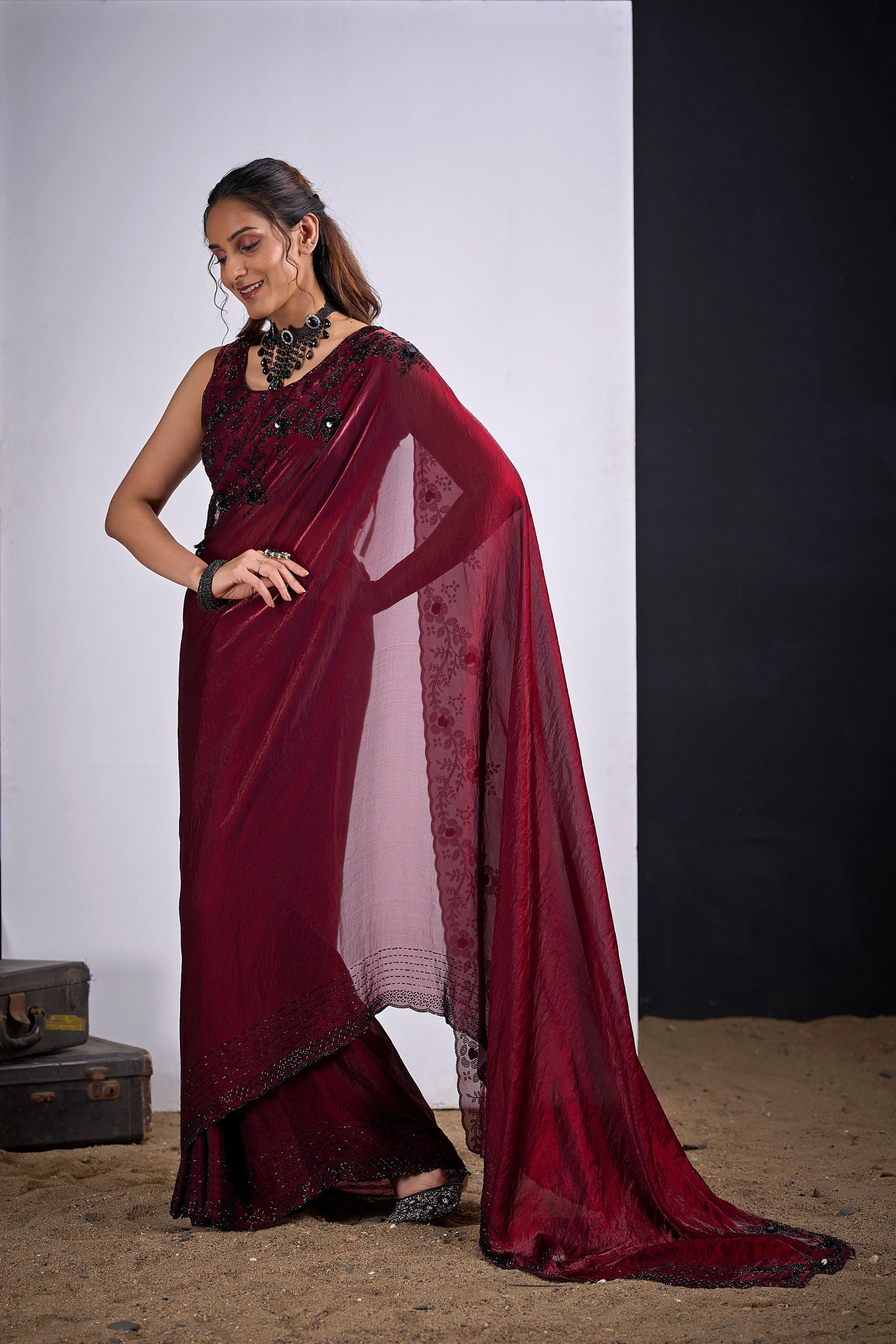 Wine Red Organza Silk Saree with Black Embroidered Blouse 