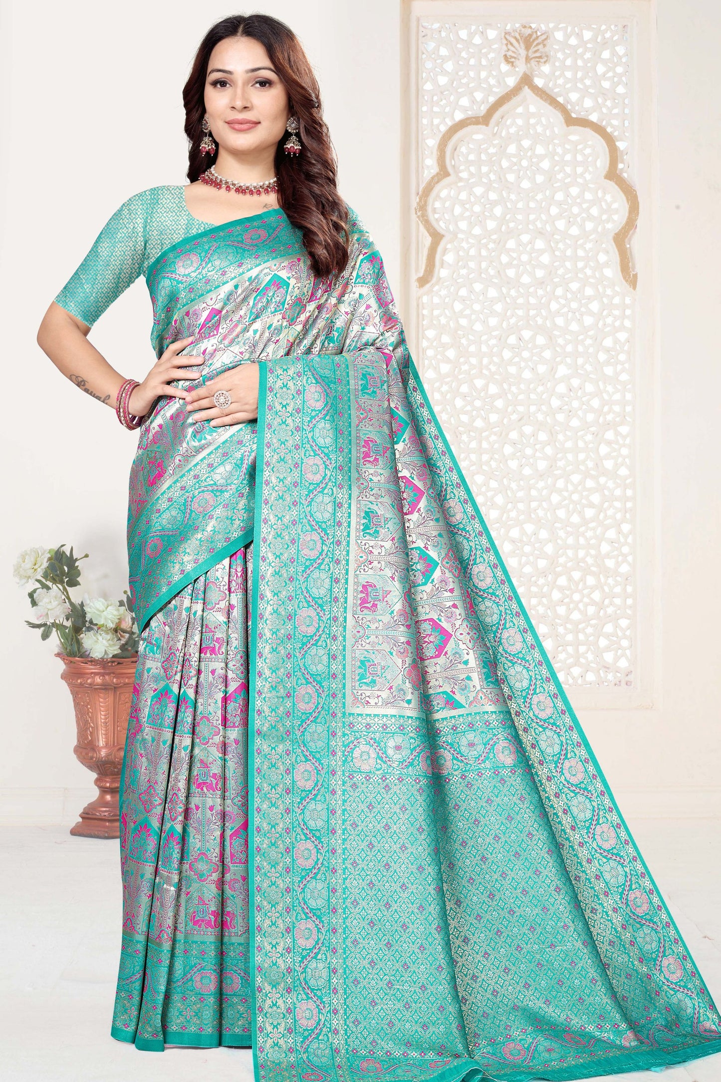 Sea Green Banarasi Silk Saree with Pink Woven Zari Design