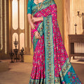 Beautiful Pink and Teal Patola Silk Traditional Print Saree