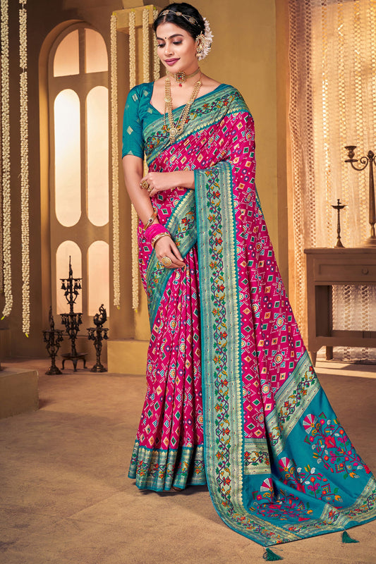 Beautiful Pink and Teal Patola Silk Traditional Print Saree
