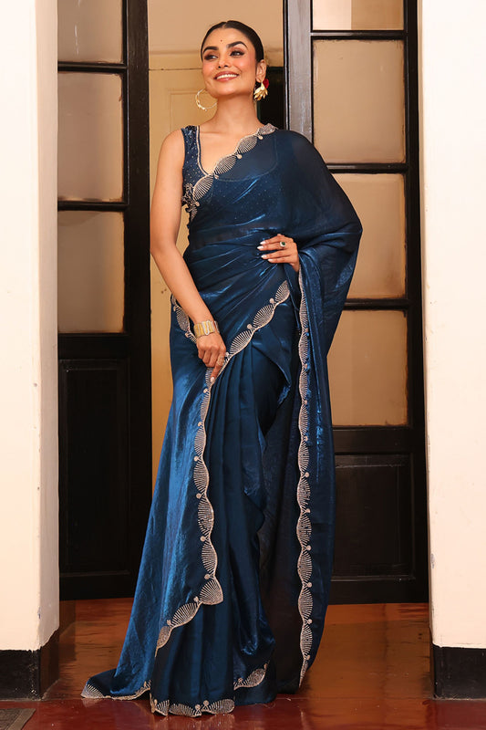 Navy Blue Designer Satin Saree with Embroidered Border Matching Blouse
