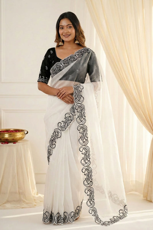 White Organza Saree with Black Embroidered Border