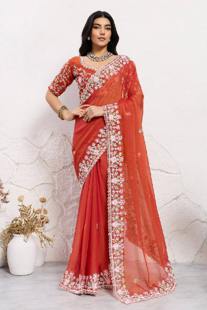 Orange Embroidered Georgette Saree with Matching Blouse Festive Wear