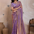 Lavender Purple Silk Saree Golden Zari Embroidery Matching Blouse