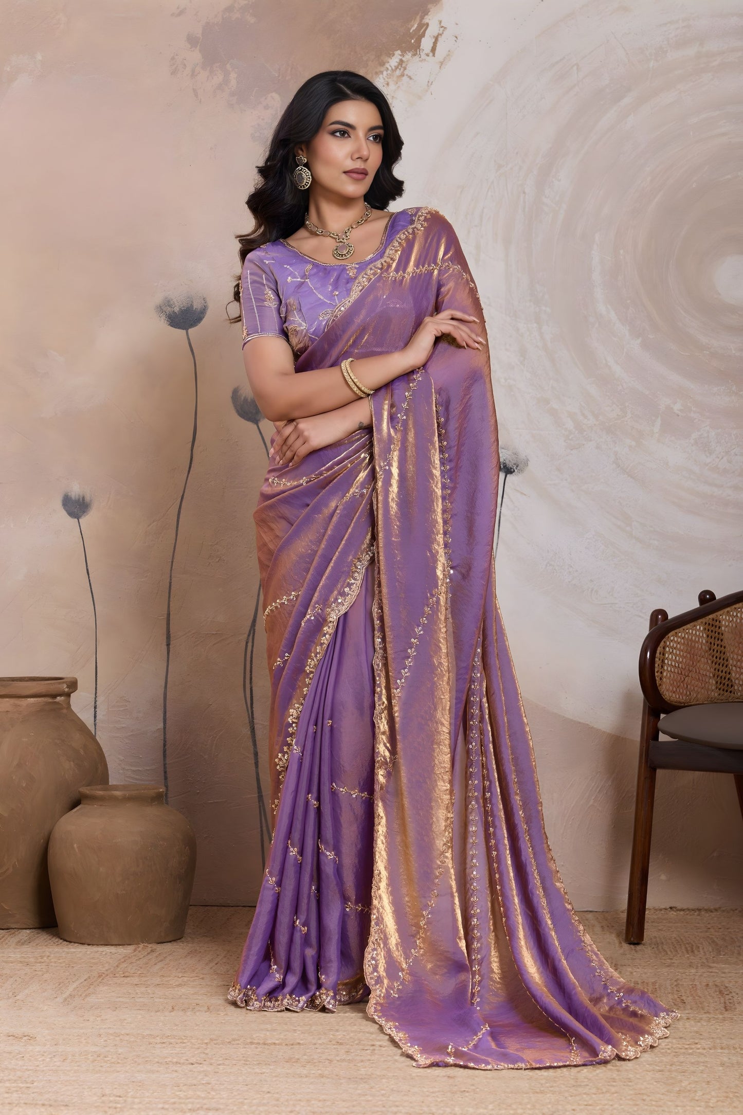 Lavender Purple Silk Saree Golden Zari Embroidery Matching Blouse