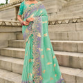 Mint Green Embroidered Organza Silk Saree Designer Cutwork Border