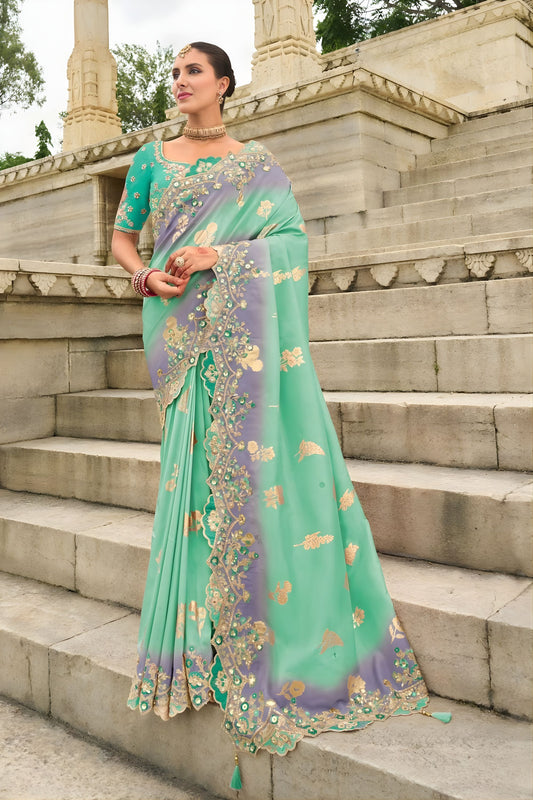 Mint Green Embroidered Organza Silk Saree Designer Cutwork Border