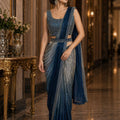 Navy Blue Silver Designer Heavy Embroidered Border Ready To Wear Saree
