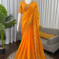 Royal Orange Heavy Embroidered Designer Saree Party Wear