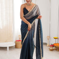  Navy Blue Organza Silk Saree Designer Lace Border Matching Blouse