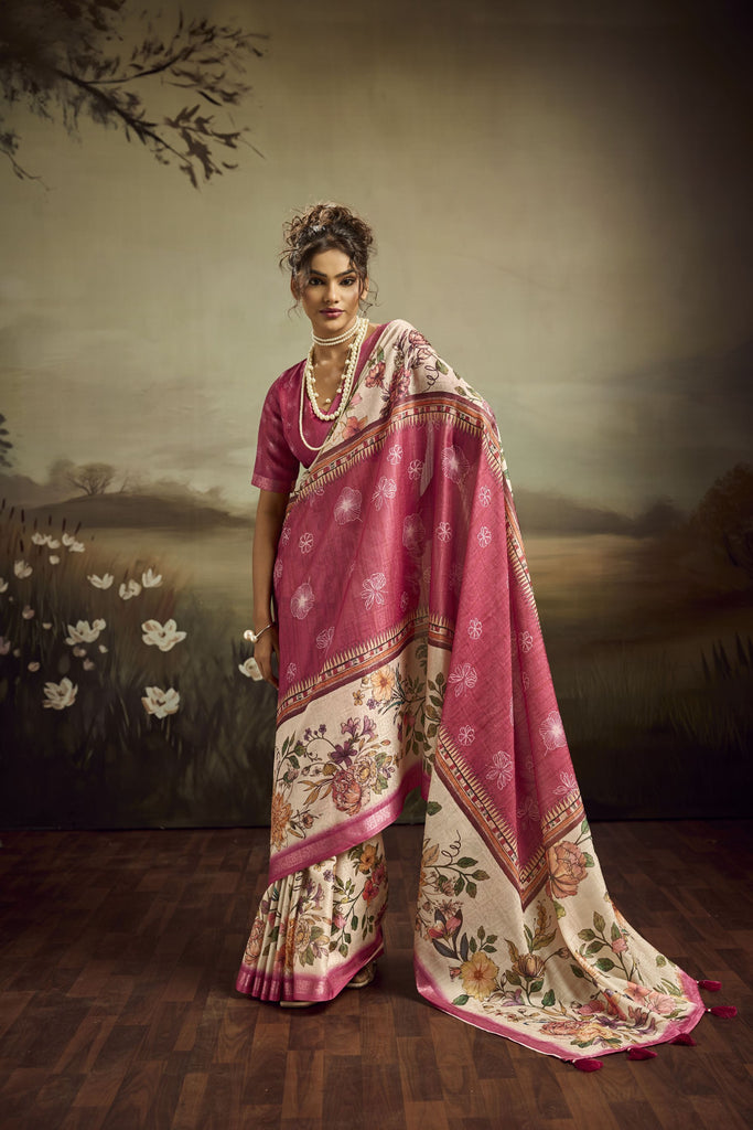  Pink Linen Silk Saree Floral Digital Print Designer Tassel Pallu