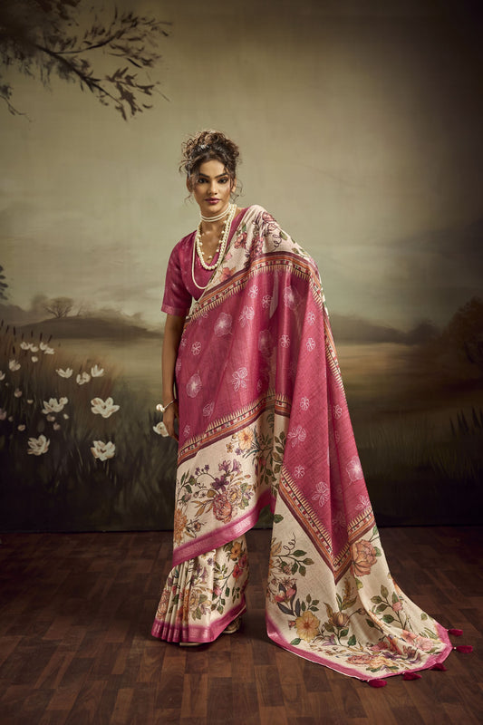  Pink Linen Silk Saree Floral Digital Print Designer Tassel Pallu