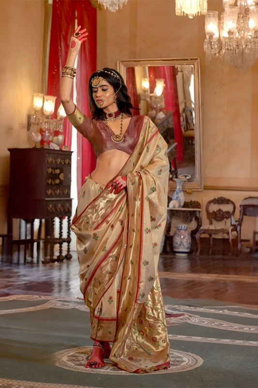 Golden Banarasi Silk Saree Red Border Floral Buti Weaving Traditional Wear Saree