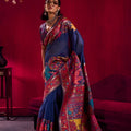 Royal Blue Silk Saree Red Floral Woven Border Traditional Saree