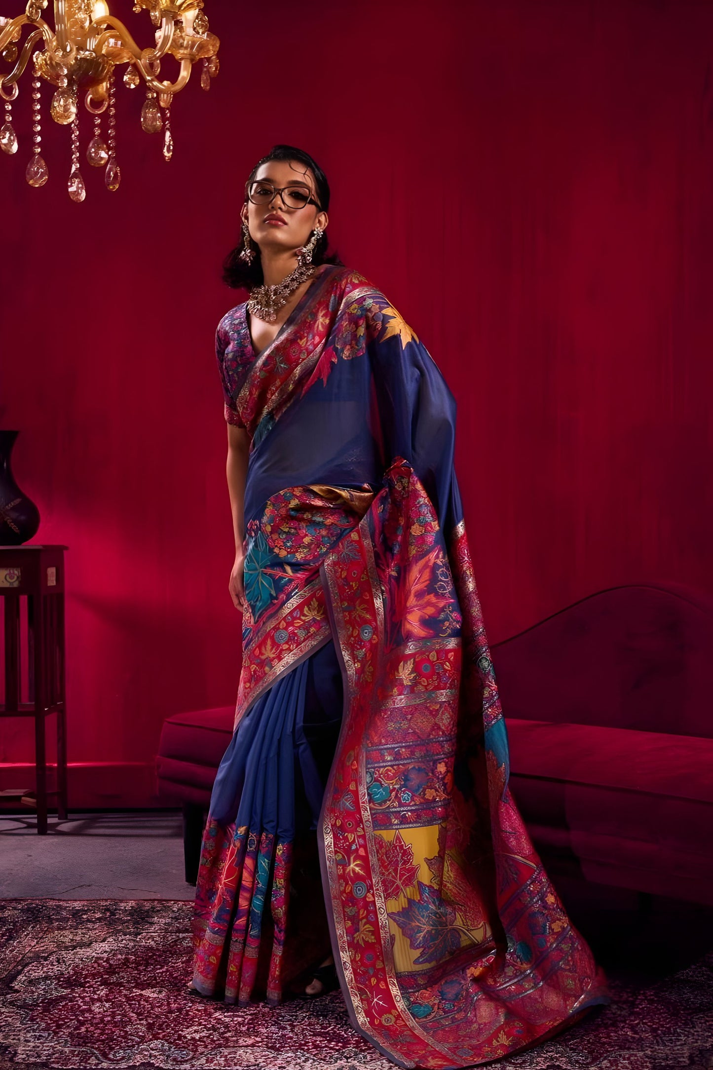 Royal Blue Silk Saree Red Floral Woven Border Traditional Saree