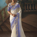 White Lavender Embroidered Saree with Zari Border Designer Saree