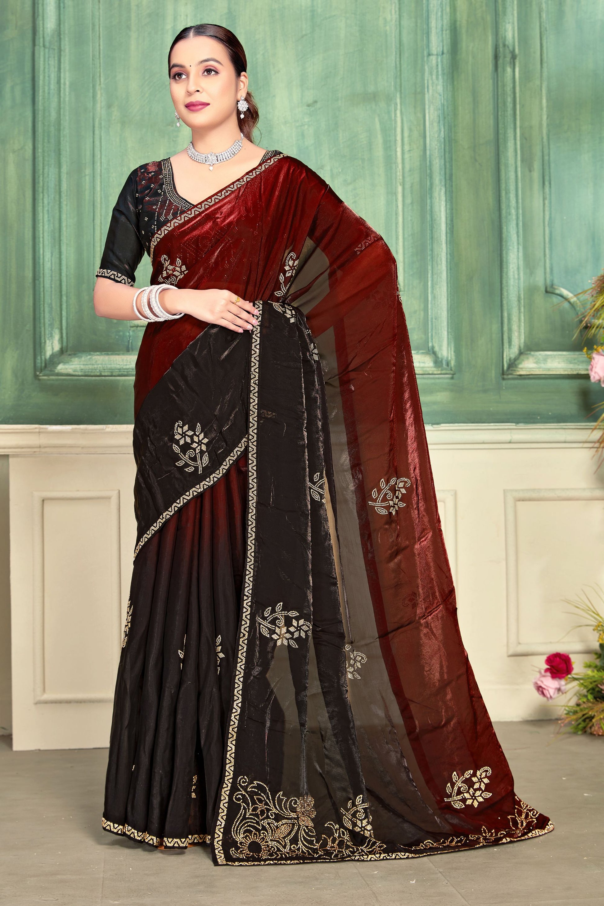 Black Maroon Velvet Embroidered Saree with Designer Blouse