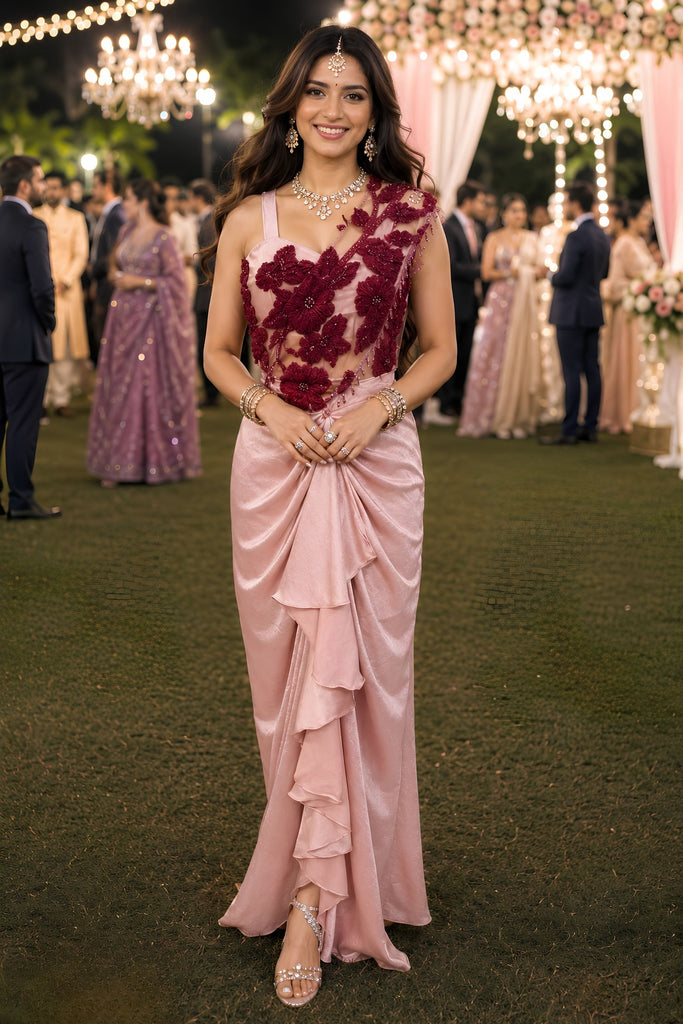 Pink Satin Ready-to-Wear Saree 3D Floral Embroidered Designer Blouse