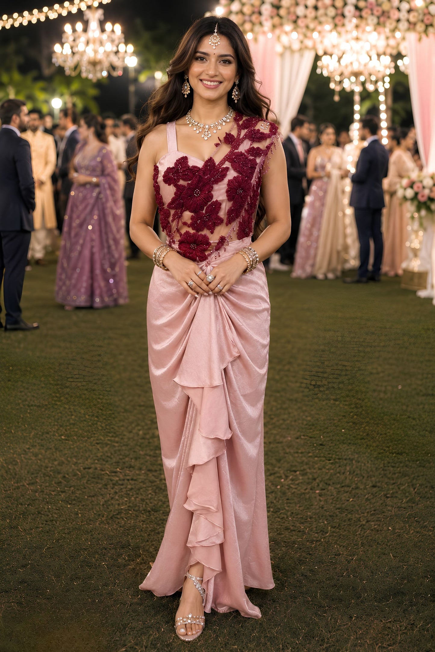 Pink Satin Ready-to-Wear Saree 3D Floral Embroidered Designer Blouse
