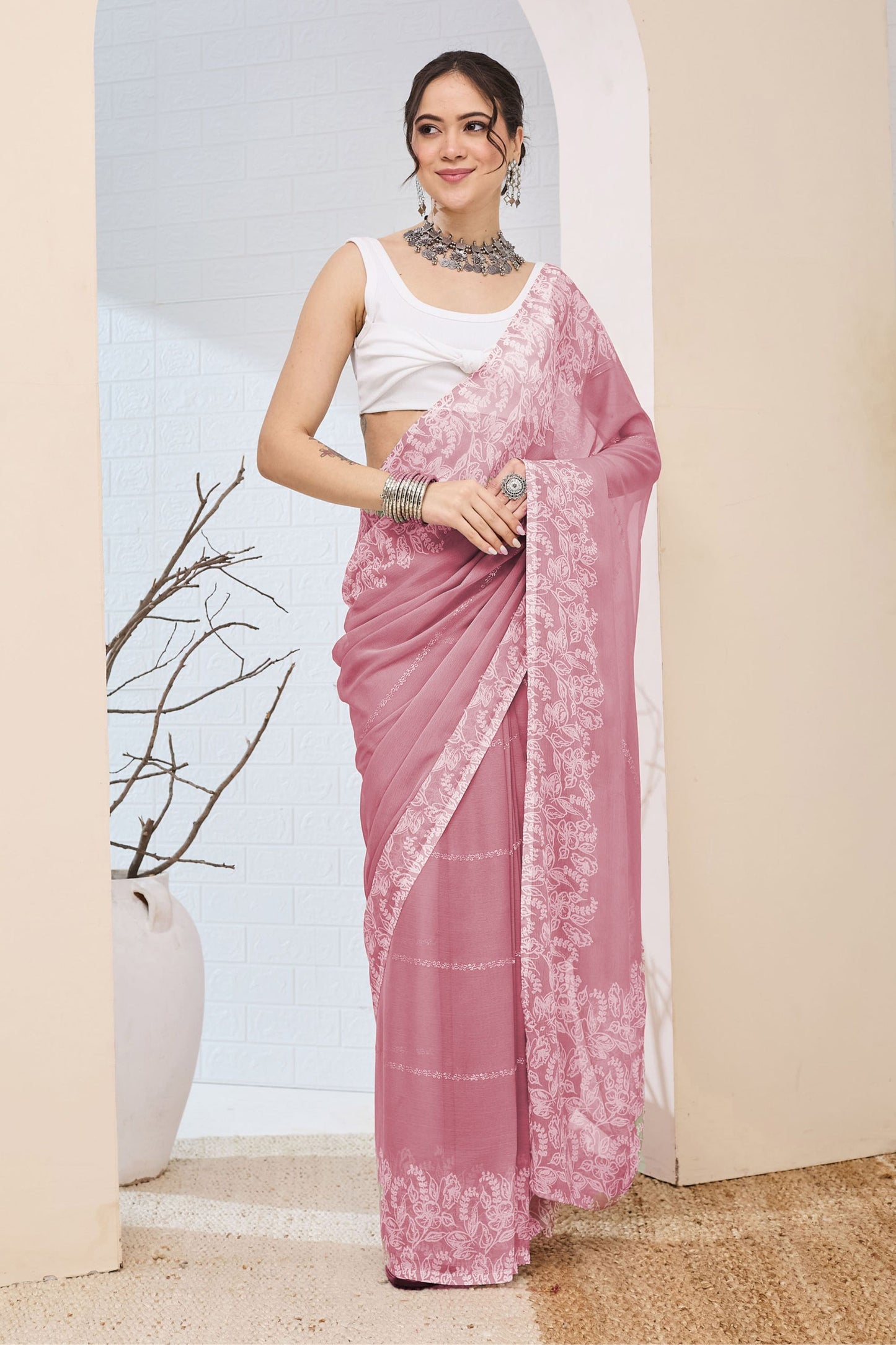 Dusty Rose Pink Floral Printed Saree Casual Saree