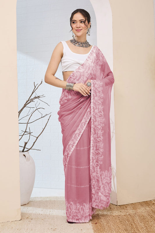 Dusty Rose Pink Floral Printed Saree Casual Saree