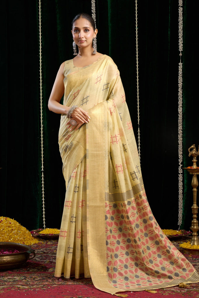 Elegant Beige Handloom Cotton Saree with Woven Geometric Motifs
