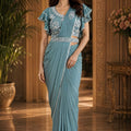 Blue Designer Ready to Wear Saree Embroidered Ruffle Blouse