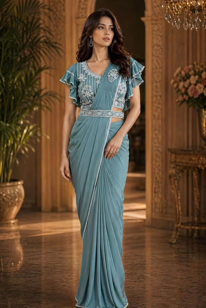 Blue Designer Ready to Wear Saree Embroidered Ruffle Blouse