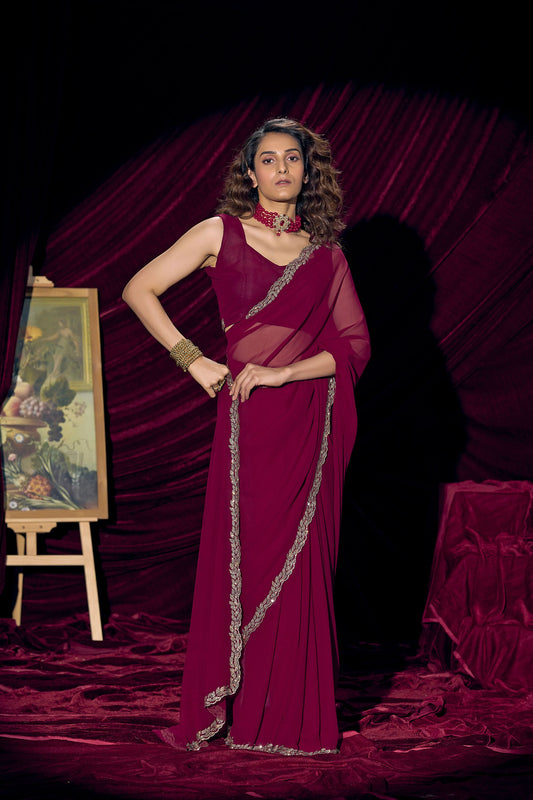 Wine Red Georgette Saree with Embroidered Border Designer Saree