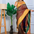 Brown Kanjivaram Silk Saree Gold Zari Border Contrast Green Pallu