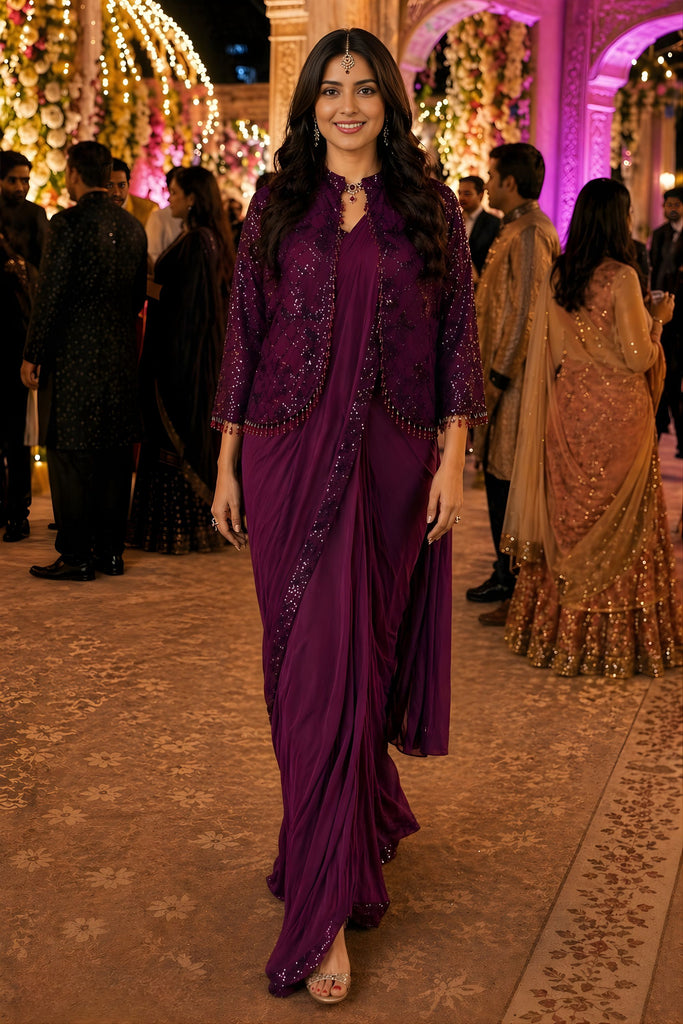  Wine Purple Sequins Ready to Wear Designer Saree with Embellished Jacket 